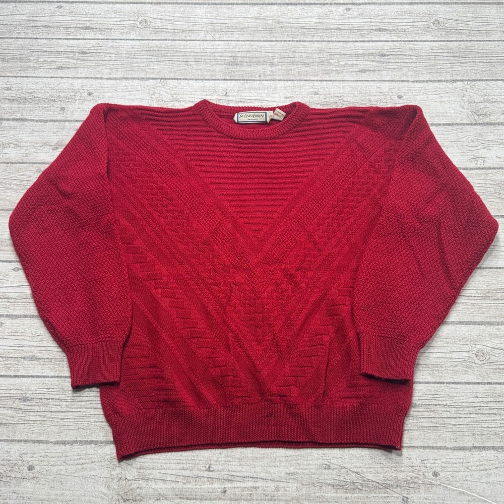 Vintage Yves Saint Laurent Sweater Men's Large Red Wool Knit Chevron Pullover